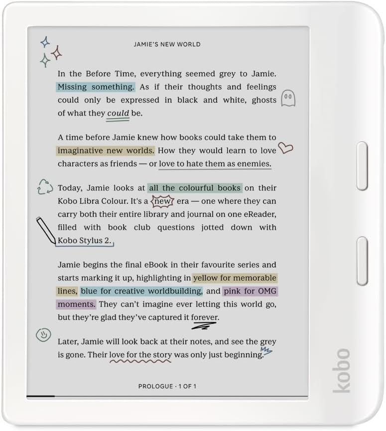 Kobo Libra Colour eReader, 7” Color E Ink, Waterproof, White | 7” Color E Ink Kaleido 3, Dark Mode, Waterproof, eBooks, Audiobooks, Recycled Materials