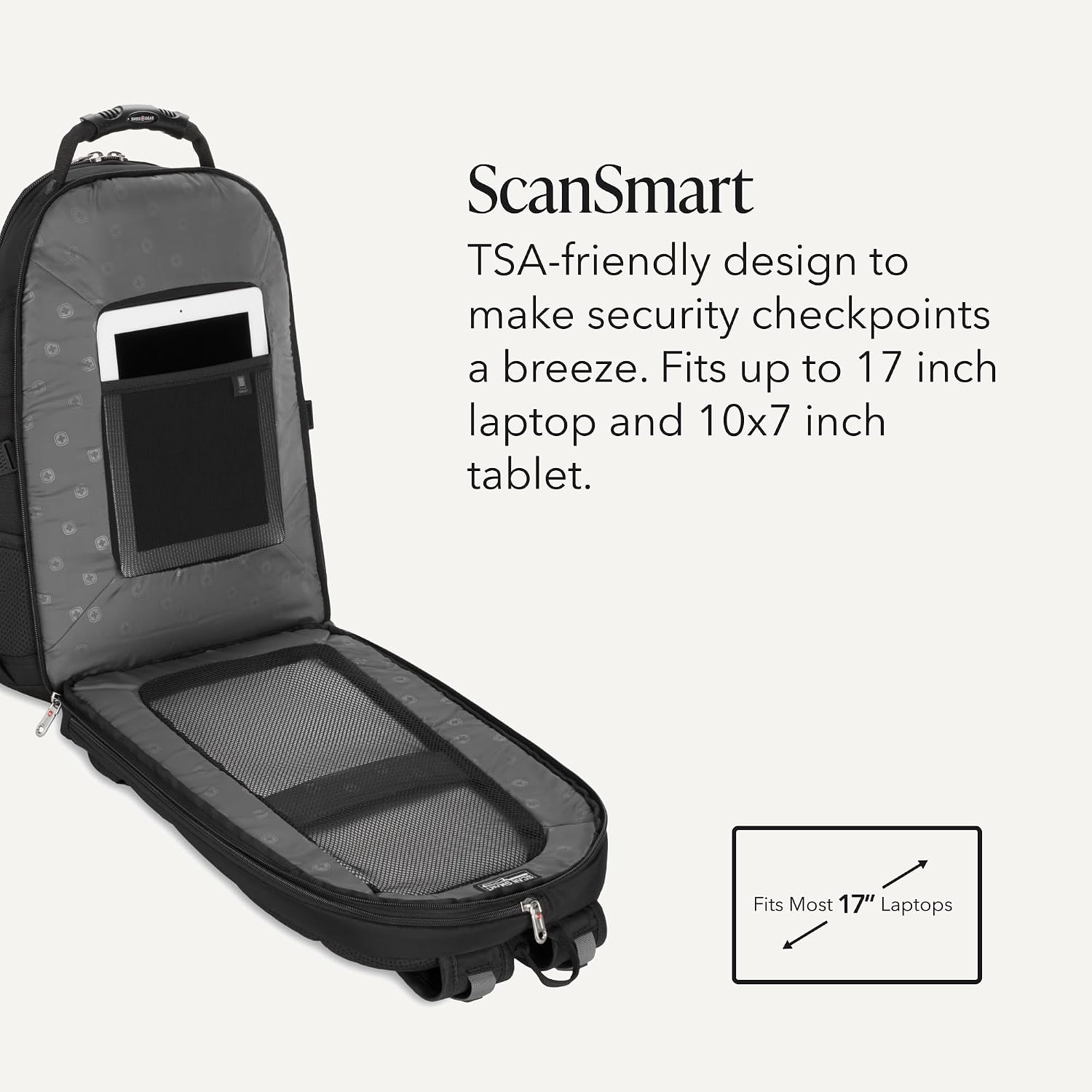 SWISSGEAR 1900 ScanSmart Laptop Backpack, Fits Most 17-Inch Laptops, TSA-Friendly Lay-Flat Design, RFID Protection, and Tablet Pocket, Black, 31L, 18.5-Inch - Image 3